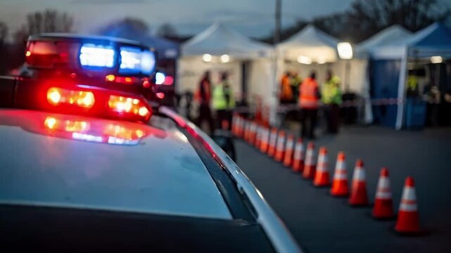 Close shot of an ambulances emergency lights and a row of cones leading towards triage tents with coordinated responders moving in soft focus under early evening light.