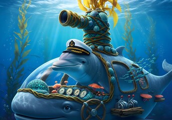 Whale Submarine with Captain Hat Underwater Scene