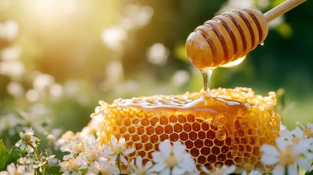 Making honey from honeycomb on a sunny day in a garden filled with flowers