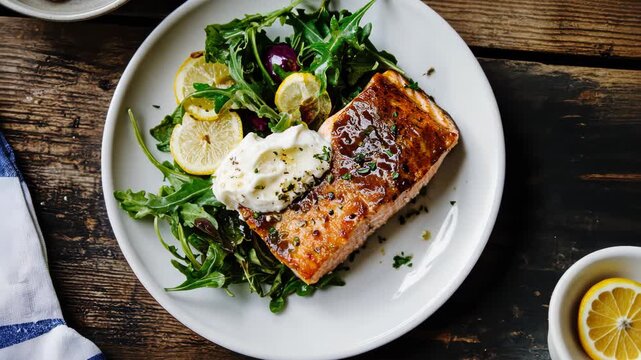 Sizzling grilled salmon with creamy herb garnish on rustic table setting