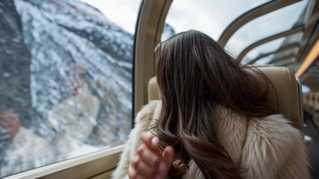 Luxuri&ouml;se Panoramazugreise in der Schweiz &ndash; Glamour&ouml;se Frau vor verschneiten Alpen