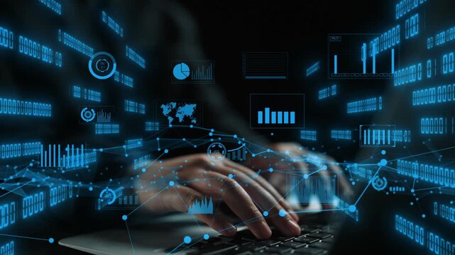 A close-up view of hands typing on a laptop, surrounded by an array of digital data visuals, including charts and graphs, symbolizing modern information technology. Xenic