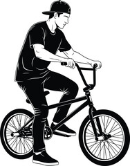 Obraz premium BMX rider line drawing, black and white sketch, youth urban sports, stunt bike illustration, cultural design, flat vector art