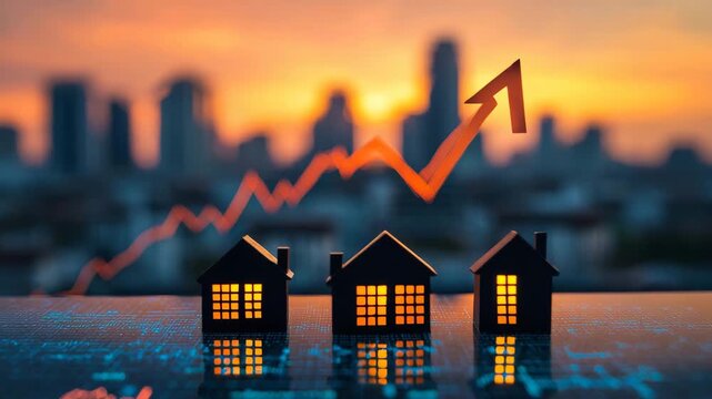 Growth of real estate market in urban areas with rising prices shown by a graph at sunset