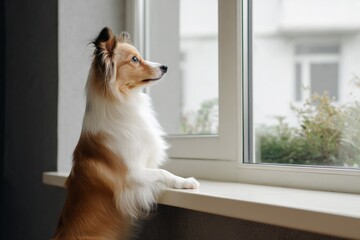 Thoughtful dog looking out window on a calm day