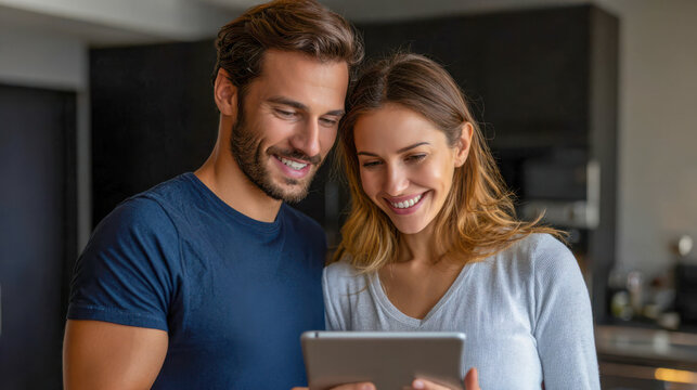 Smiling couple looking at tablet together in modern kitchen during daytime