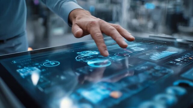 Engineer adjusting smart interface panels on a hybrid device focusing on touchscreen responsiveness and the seamless blend of physical and digital controls.