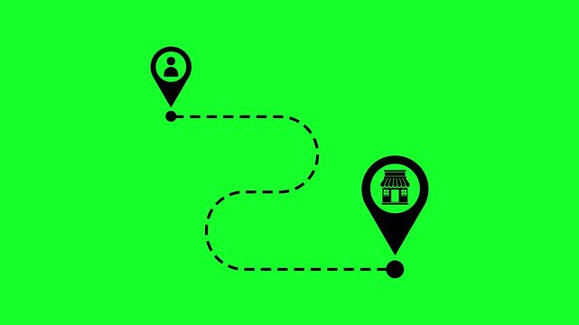 Animated GPS Navigation Route with Two Location Points: Dashed Path from User to Store Pin on Green Background