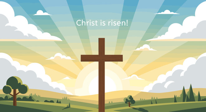 Wooden Christian cross stands on a hill against a beautiful sunrise with light rays shining through clouds, a religious vector illustration representing faith and hope