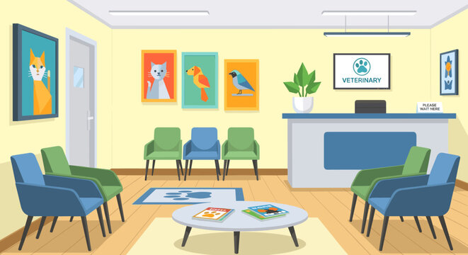 Empty veterinary clinic waiting room interior with a reception desk, colorful chairs, and pet portraits on the wall in a modern flat vector illustration style