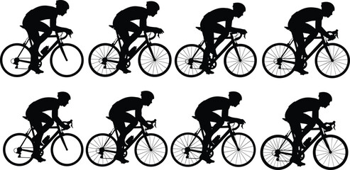 Obraz premium Cyclist silhouettes sequence, racing posture, motion frames, athletic form study, black and white design, sports illustration, flat vector art
