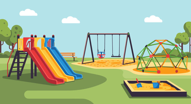 Colorful children's playground with a slide, swings, climbing dome, and sandbox set in a green public park on a sunny day, flat vector illustration style