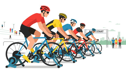 Group of male cyclists on stationary trainers lined up at the start of a virtual race competition, wearing colorful jerseys and helmets in a flat vector illustration style