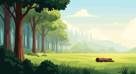 Naklejka premium Beautiful cartoon landscape of a tranquil forest clearing with green grass, tall trees, and a hazy mountain background on a sunny day