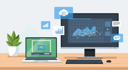 Modern office desk with a computer and laptop displaying data analytics charts, graphs, and floating icons for business intelligence and cloud computing concepts in a flat vector style