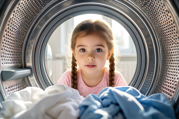 Curious Little Girl Peeking into a Washing Machine Drum - Domestic Life and Childhood Concept