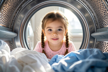 Curious Little Girl Peeking into a Washing Machine Drum - Domestic Life and Childhood Concept