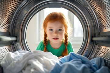 Adorable Little Redhead Girl Peeking into a Washing Machine with a Bright Smile - Domestic Chores and Childhood Concept