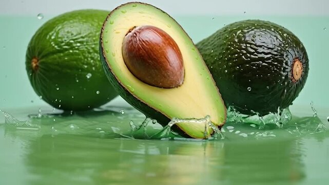 Fresh avocado halves splashing in clear water with vibrant green skin and creamy texture