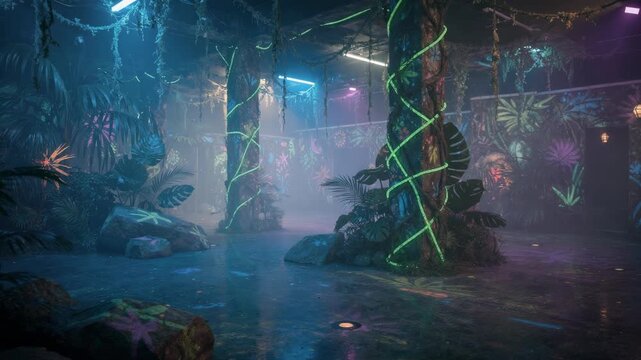 Medium shot of immersive junglethemed laser tag arena with glowing vines and tropical props placed under subtle blacklight glow.