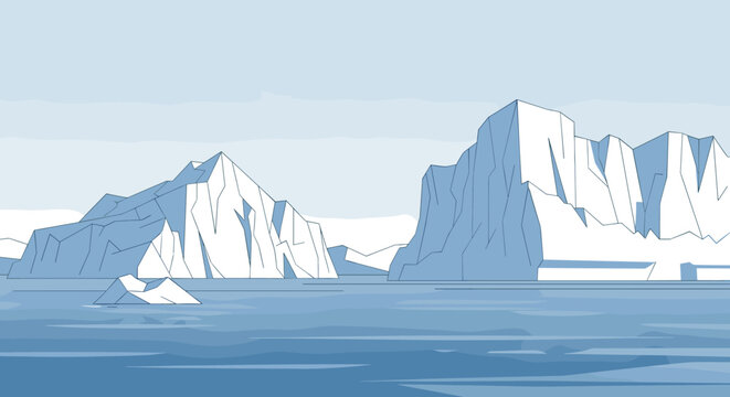 Minimalist vector illustration of large icebergs floating in a calm blue arctic ocean under a pale sky, a serene and cold polar landscape with clean lines and flat colors