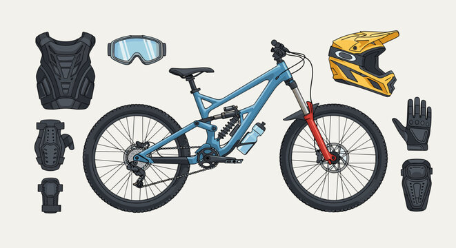 Mountain bike and protective gear set illustration for downhill riding, with a full-suspension bicycle, helmet, body armor, goggles, gloves, and pads isolated on a light background