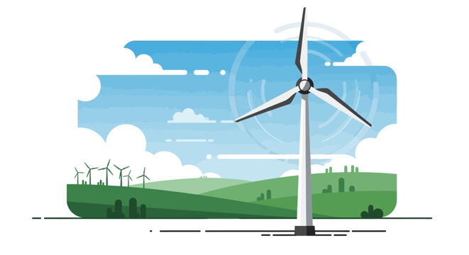 Wind turbine farm on green hills, renewable energy and sustainable resources concept.