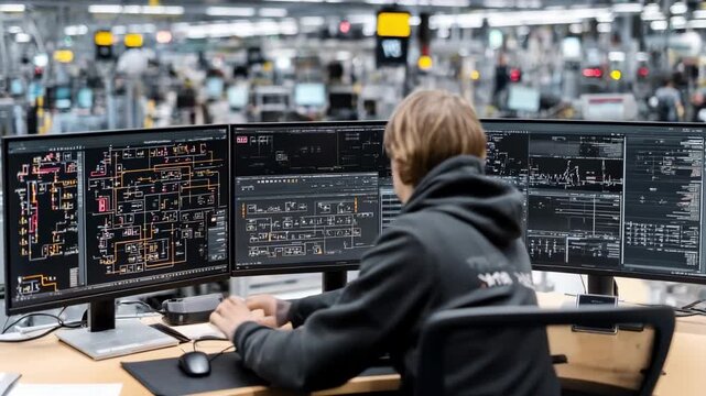 Medium shot of an engineer monitoring realtime sensor data and analytics to forecast machine repair needs on a factory floor.