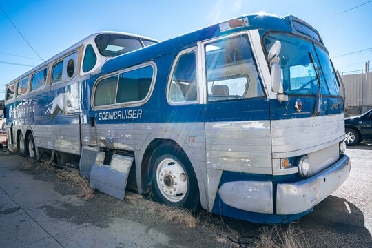 Lowell, Arizona - January 16, 2026: Old Grayhound bus logo on a vintage abandoned bus in the ghost town of Lowell, AZ, near Bisbee