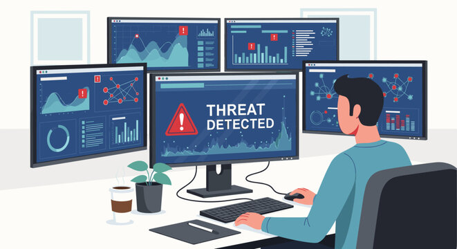 Cybersecurity analyst working at a multi-monitor computer workstation detecting a system threat with data graphs and charts on screens in a modern security operations center