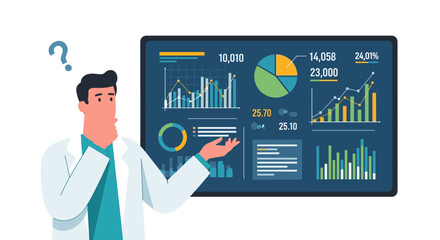 Puzzled male doctor or scientist analyzing data on a digital dashboard with charts and graphs, thinking with a question mark above his head, isolated on a white background