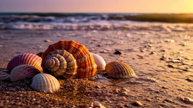Seashells on Sandy Beach at Sunset