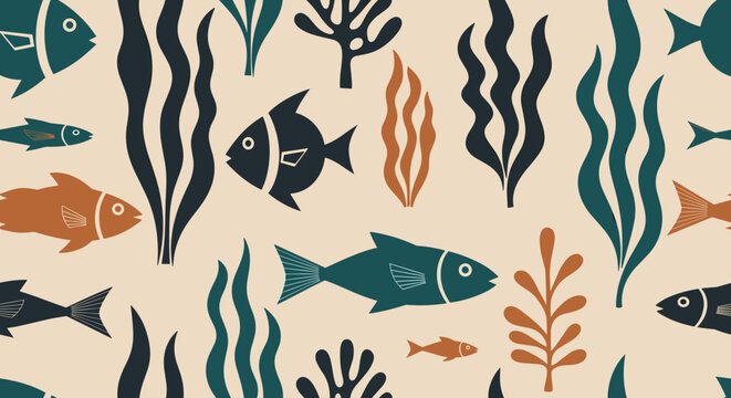 Seamless pattern with stylized fish and seaweed in a minimalist flat design, featuring a muted color palette of teal, brown, and dark blue on a light beige background