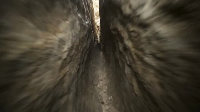 An artistic tunnel perspective with a narrow rocky passage, with a dynamic perspective of a natural passage. FPV drone perspective landscape animation