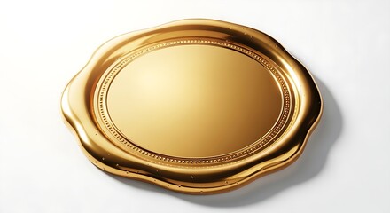 Golden plate with wavy edges and decorative rim on white surface viewed from above