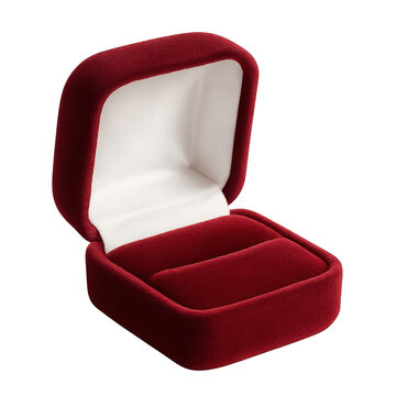 Open empty red velvet jewelry box for ring or small accessory isolated on transparent background