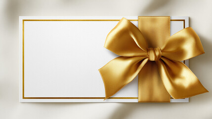 Fototapeta premium Blank white gift card or invitation envelope decorated with an elegant golden satin ribbon bow, isolated on transparent background.