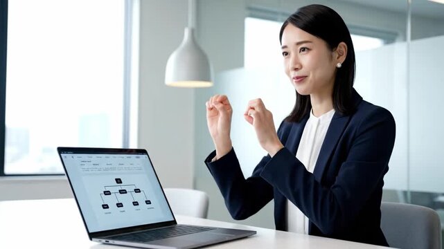Woman, pitch and creative business meeting in office, discussion and hand gesture for strategy with laptop. Online, project and website launch idea for company planning, design agency and manager