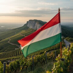 Hungary National Day August 20 Saint Stephen Day Flag Waving Over Volcanic Hills And Vineyard Landscape For European Travel Business