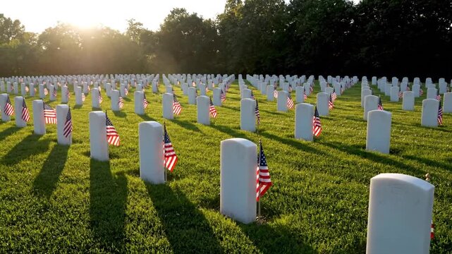 Rows of identical headstones in a green field with small national flags casting long shadows in the warm sunlight on a clear day