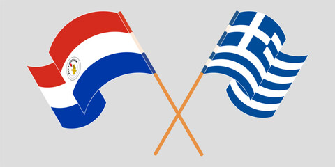 Crossed and waving flags of Republic of Paraguay and Greece. Vector illustration