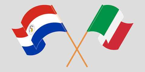 Crossed and waving flags of Republic of Paraguay and Italy. Vector illustration