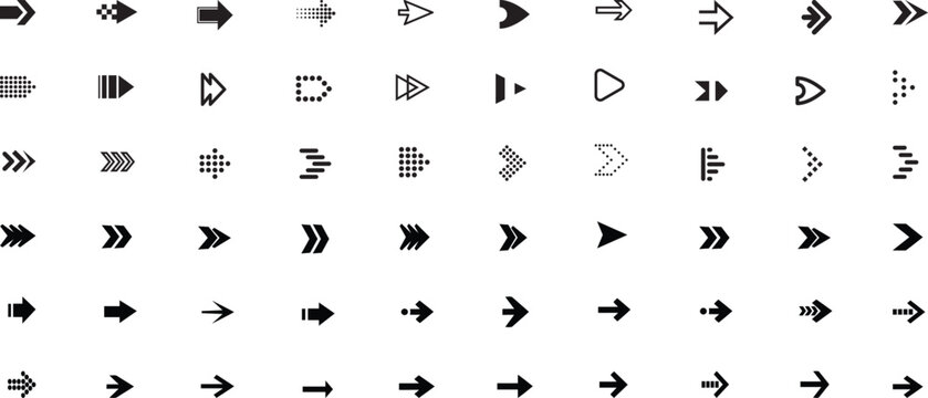 Arrow icon set. Collection different arrows sign. Modern simple arrows. Black arrow pointing to the right. Black direction pointer. Direction symbols vector illustration 