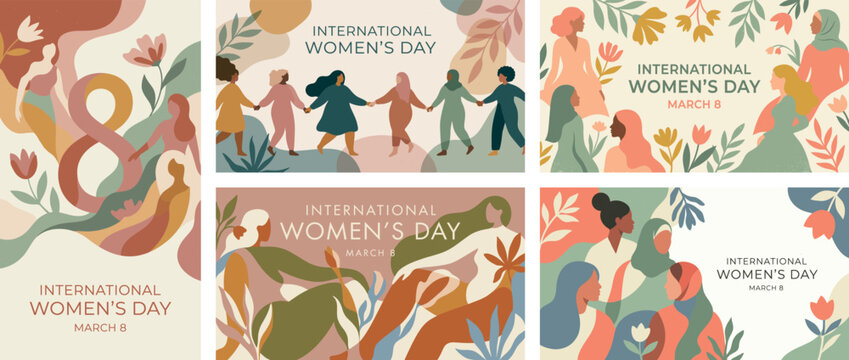 Vector illustration of a set of posters for International Women's Day featuring diverse women and floral patterns, Concept of feminism, female empowerment, and global sisterhood