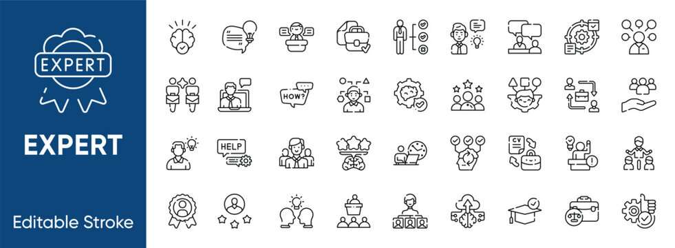 Expert business leadership and consulting line icons set including strategic management, hr recruitment, mentorship advice, and success skills symbols.