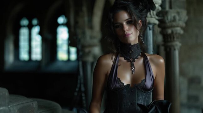 gothic fashion model posing in abandoned church ruins, dark gothic woman in historic ruin underground fashion portrait, alternative gothic girl exploring abandoned church architecture