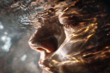 A woman's face is partially submerged in water, with her eyes closed