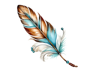 A colorful watercolor illustration of a feather attached to a wooden stick