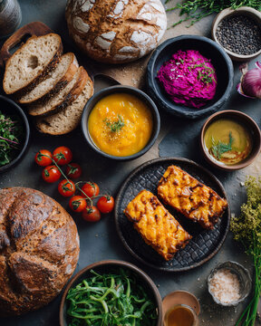 A table with a variety of food items including bread, vegetables, and sauces