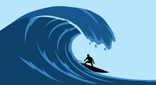 Black silhouette of a surfer riding a huge, powerful blue ocean wave in a dynamic flat vector illustration style against a simple light blue sky with ample copy space